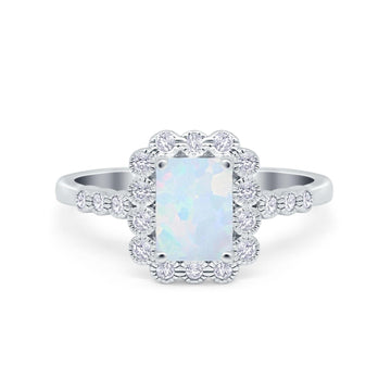Halo Radiant Cut Wedding Ring Lab Created White Opal 925 Sterling Silver